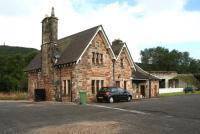 The station building at Golspie, seen from the forecourt on 27 August 2007. The date on the stone is 1868. The road bridge on the right carries the A9 over the line.<br><br>[John Furnevel 27/08/2007]