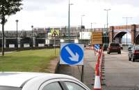 The bridge works and road works seem to merge on Dundee Esplanade on 20 September 2007 as a northbound train comes off the bridge and approaches the former Esplanade station.<br><br>[John Furnevel 20/9/2007]