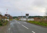 View south of Inchcoonans level crossing near Errol. To the right an extant sawmill, and to the left behind the crossing cottages, a brickworks.<br><br>[Brian Forbes //2007]