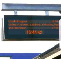 Electronic dotmax train departure board (or whatever) at Elgin showing the scheduled time for our special 1Z42 to leave.<br><br>[Brian Forbes 22/9/2007]