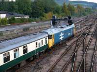 The <I>Autumn Highlander</I> was top & tailed through Perth on 5 October. Rear loco 50049 eases under St Leonards bridge. To the left is the former parcels/mail platform.<br><br>[Brian Forbes 05/10/2007]