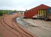 Looking into the large STRC (formerly Jarvis) PW depot at Shettleston on 13 May 2007 from just north of the main entrance on South Hallhill Road. The connection far left comes off the Coatbridge line just east of Shettleston station.<br><br>[John Furnevel 00/05/2007]