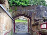 Terrace Road entrance at Greenock Central seen from the platform 2 stairway. This entrance was once covered, with the original doorway the nearer of the two openings.<br><br>[Graham Morgan 11/09/2007]