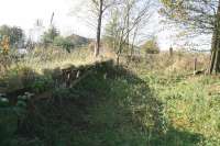 Remains of the wooden platform at Balado station on 23 October 2007 looking west along the trackbed towards the site of the level crossing and the route towards Crook of Devon. Note the surviving crossing gate post in the right background.<br><br>[John Furnevel 23/10/2007]