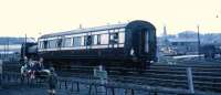 SRPS Open Day at the Falkirk yard in 1970. Shuttle services provided by an ex SSEB Barclay tank with one of the CR carriages alongside the Kirkintilloch Model Club smaller scale shuttle.<br><br>[John McIntyre //1970]