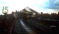 Evening at South Shields in the 1970s with a DMU preparing for the return to Newcastle Central. The old (1879) station, with its overall roof has now sadly gone, replaced by a new Metro station built further to the west.<br><br>[Ian Dinmore //]