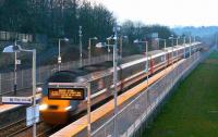 NXEC liveried HST working 1S12 to Aberdeen passing Markinch on 14 December at speed and in failing Light. <br><br>[Brian Forbes 14/12/2007]