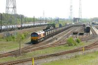 A class 66 brings a coal train through the former down departure sidings and out towards the ECML at the north end of Tyne Yard in May 2006.<br><br>[John Furnevel 09/05/2006]