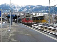 Loco hauled local service at Brig. Note the height difference between the loco and 1st coach.<br><br>[Michael Gibb 20/11/2007]