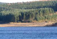 View near the site of Plashetts station on 8 November 2007, taken from the west side of Kielder Water, with the remains of the station and sidings now lying below the reservoir. The coal found in the hills above Plashetts was one of the key factors in the decision to build the Border Counties line. <I>Slaters Incline</I>, down which loaded coal wagons (latterly from Far Colliery) were lowered to the sidings alongside Plashetts station, came in from the right. This was part of the original Plashetts Colliery Wagonway. [See image 26241]<br><br>[John Furnevel 08/11/2007]