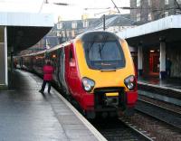 A Waverley bound Voyager Cross Country service makes its penultimate stop at Haymarket platform 3. <br><br>[John Furnevel /12/2007]