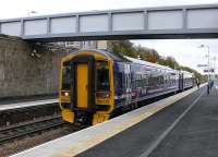 The new Markinch footbridge frames this arrival from Edinburgh.<br><br>[Brian Forbes 14/12/2007]