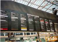 The late, lamented (by me at any rate) and colourful Solari departure board at Waverley west end in July 1997. Taking their name from the Italian manufacturer <I>Solari di Udine</I> and known in some quarters as the onomatopoeic <I>flapper - boards</I> these have now sadly been forced to give way to the more reliable and flexible (and silent) LED boards and/or LCD displays.<br><br>[David Panton /07/1997]