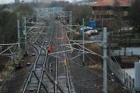 Looking east at Shields West Junction (roughly the locale of the former Shields Junction No. 1) during works. The track to the right is lifted in the distance. The line to the left is the dive-under to reach Terminus Junction. From near here the new third track for Glasgow Airport will start.<br><br>[Ewan Crawford 27/12/2007]