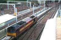 West end on 6 January with EWS 60029 <I>Clitheroe Castle</I> about to leave platform 16 with a PW/Electrification train being used in support of the ongoing work on the west end platforms and The Mound central tunnel.<br><br>[John Furnevel 06/01/2008]