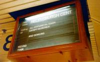 A fine example of one of the Solari <I>mini-flapper</I> departure boards in use on the westbound platform at Glasgow Queen Street Low Level station in late 1996.<br><br>[David Panton //1996]