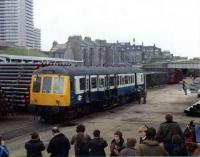 Waterloo goods yard on 16 April 1979. The <I>Bubble Car</I> forming the BLS Railtour to Fraserburgh gets plenty of attention from the massed ranks of <I>photographers</I> (aka <I>passengers</I>).<br><br>[John Williamson 16/04/1979]