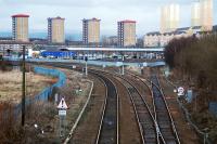 Beyond the junction work continues on the new maintenance and signalling centres at Cowlairs.<br><br>[Ewan Crawford 02/02/2008]