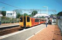 314 212 with a Lanark train at Hillfoot on 1 June 1997, first day of Sunday service on the Milngavie branch.<br><br>[David Panton 01/06/1997]