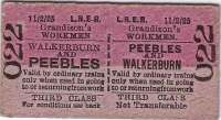 A third class LNER Grandisons Workmens Walkerburn - Peebles return ticket issued on 11 February 1925. <br><br>[Bruce McCartney Collection 22/11/2007]