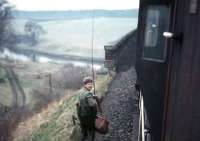 <I>The Great Escape - Roxburgh Viaduct 1968</I>. The last freight from Kelso on 29 March 1968 stops at the east end of Roxburgh Viaduct to drop off the agent from Kelso goods depot. He was being made redundant and had a final weeks holiday to take so decided to go fishing, hitching a lift to Roxburgh on the last freight. [See image 44237]<br><br>[Bruce McCartney 29/03/1968]