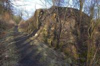 Trackbed of the former Halbeath Railway running past an old lime kiln in Calais Muir Wood, east of Dunfermline. <br><br>[Bill Roberton 08/02/2008]