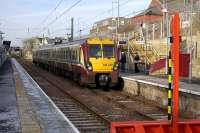 View north over the buffer stops at Larkhall on 15 February, with the 14.37 to Dalmuir standing at platform 2.<br><br>[Bill Roberton 15/02/2008]