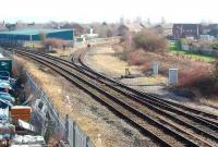 The junction for the Heysham branch, just east of Morecambe (new) station on 13 February, controlled from the ground frame standing to the right of the junction. The lines to the left lead to Bare Lane, thence the WCML, with the line to Heysham turning away to the right. The former line to Lancaster Green Ayre also diverged at this point and can now be followed into Lancaster as a cycle path, passing just to the right of the large blue building. The loop on the extreme right is rarely used nowadays as the nuclear flask trains for the Heysham line normally run <I>top & tail</I> thus obviating the requirement to run around at this point. <br><br>[Mark Bartlett 13/02/2008]