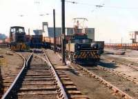 NCB No 9 (AEG 1565 of 1913) standing alongside a Barclay diesel in the yards at Westoe Colliery, South Shields in 1983<br><br>[Colin Alexander //1983]