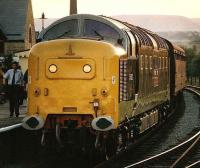 Deltic 55002 <I>The Kings Own Yorkshire Light Infantry</I> arrives at a twilit Rawtenstall station on the East Lancs line circa 1996.<br><br>[Colin Alexander //1996]