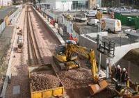 Track lifted from the platform road at Alloa on 28 February with some of the ballast also in the process of being removed. Apparently the track had been laid in too high in relation to the platform level.<br><br>[John Furnevel /02/2008]