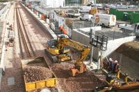 Tracklifting at Alloa! Rails and sleepers lifted and temporarily relocated at Alloa station on 28 February 2008 while ballast is being removed. Corrective work has proved necessary following checks which showed the trackbed on the platform line to be too high. <br><br>[John Furnevel 28/02/2008]