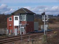 Montrose North Cabin. Opposite is a strange new semaphore signal (partly covered) which protects a new crossover. Word is that the up line through Montrose station is to be bi-directional. When the new signalling system eventually come to fruition this cabin (closed at the moment) will control the local area.<br><br>[Brian Forbes 02/03/2008]