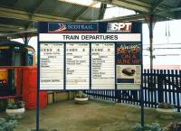 Pre-electronic era departure board standing at Kilmarnock station in July 1997.<br><br>[David Panton /07/1997]