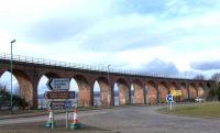 Red Brick single track Ferryden Viaduct approaching Montrose from the south.<br><br>[Brian Forbes 02/03/2008]