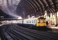 A Harrogate train stands at York in 1988 prior to electrification.<br><br>[Ian Dinmore //1988]