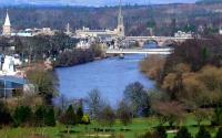 North view of Perth city centre showing the River Tay and of course the Wee Tay Brig. A wooden bridge was opened here by the D&PR in 1849 so that trains could reach Perth, having originally terminated at Barnhill. The first bridge was twice washed out by flooding and, circa 1865, this steel girder replacement was opened - and still stands ...apart from a few scares.<br><br>[Brian Forbes 07/03/2008]