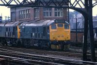 A pair of class 24s, 24125 and 24108, run past Aberdeen South Box in July 1974.<br><br>[John McIntyre /07/1974]