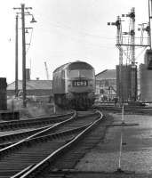 A class 47 coming off Ferryhill shed and onto the main line in 1974 in the process of running to Aberdeen station to take over a train.<br><br>[John McIntyre //1974]