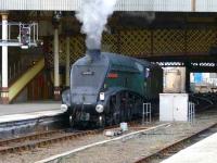 A4 class 60009 <I>Union Of South Africa</I> running around a service coach at Perth. The locomotive based at Thornton was heading to Edinburgh to run a special to Leeds. Owing to a load restriction near Dalmeny this was the only route possible.<br><br>[Brian Forbes 14/03/2007]