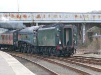 60009 <I>Union of South Africa</I> arriving at Perth tender first on the outward journey from Thornton to Edinburgh with one coach. John Cameron, the owner and driver, is cricking his neck as he looks out. Thanks for the wave John, I appreciate it, but maybe you should fit a wing mirror!<br><br>[Brian Forbes 14/03/2008]