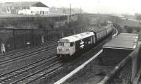 The Doncaster test train passing Bensham in 1983 as it approaches King Edward Bridge Junction, Gateshead, behind 50014 <I>Warspite</I>. <br><br>[Colin Alexander //1983]