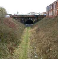 View southwest along the remains of the Preston & Longridge Railway from St Pauls Road bridge on 22 February 2008 towards Miley Tunnel and Preston station. The remaining single track was still visible in places at this time. [See image 49302] for the same location seven years later.<br><br>[John McIntyre 22/02/2008]