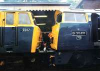 Hymek D7017 with the NRMs Western class D1023 <I>Western Fusilier</I> on unusual territory at Bury Bolton Street c 1997.<br><br>[Colin Alexander //1997]