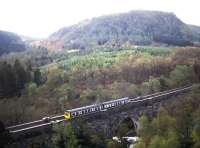 Crossing the viaduct at Ponty Pant on the Blaenau Ffestiniog branch in 1990.<br><br>[Ian Dinmore //1990]