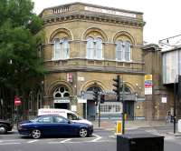 The 1850 North London Line station on Camden Road, standing alongside the rail bridge over the A503, seen in July 2005. Note the original name Camden Town (changed 55 years previously) still prominent along the top of the building. The current name Camden Town is applied to the London Underground Northern Line station located 400m south west of here.<br><br>[John Furnevel 21/07/2005]