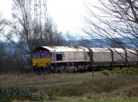 66083 arrives at Longannet power station on 5 April 2008 with the inaugral coal train via the newly reopened Alloa route.<br><br>[Brian Forbes 05/04/2008]