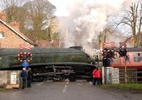 60019 <I>Bittern</I> departing over the level crossing at Pickering for Grosmont on 28 March 2008 as part of the NYMR steam weekend extravaganza.<br><br>[Peter Todd 28/03/2008]