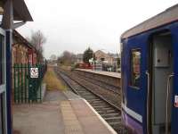 150276 waits to return from Clitheroe to Manchester Victoria on 26 March. Viewed from the new platform built for the 1987 reopening (initially for Dales Rail services only). The old station building can be seen on the left <br><br>[Mark Bartlett 26/03/2008]