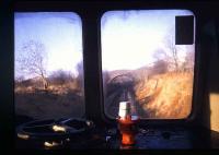 View through the cab window of a DMU on the Central Wales line near Cilmeri in 1991.<br><br>[Ian Dinmore //1991]